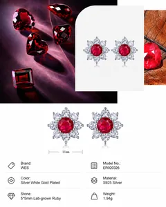 Detailed close-up of S925 silver flower stud earrings with 5mm red ruby and white stones