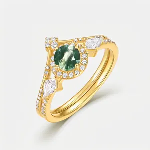 925 Sterling Silver Moss Agate Ring Set For Women Gold Plated Round Green Stone Stackable Rhinestone Band Jewelry