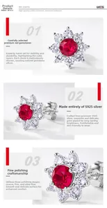Detailed view of flower-shaped S925 silver stud earrings with red ruby-like main stone