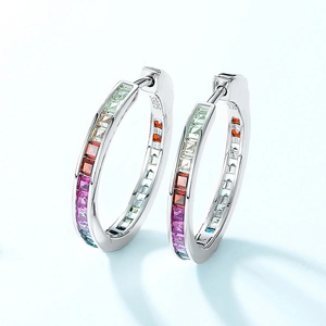 Lussuosi Orecchini a Cerchio in Argento Sterling 925 con Zirconia Colorata Orecchini Geometrici Minimalisti in Argento per Donna