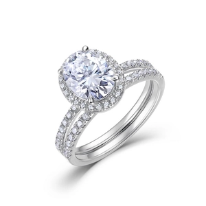 Anello halo in argento S925 con moissanite ovale e gambo diviso con diamanti