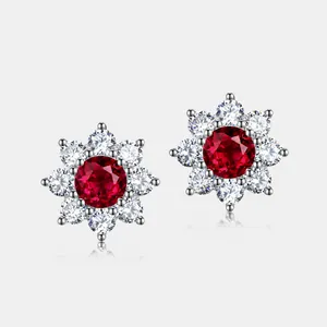 925 Sterling Silver Flower Stud Earrings With Lab-Grown Ruby Sapphire Emerald Moissanite Inlaid Women Elegant Jewelry