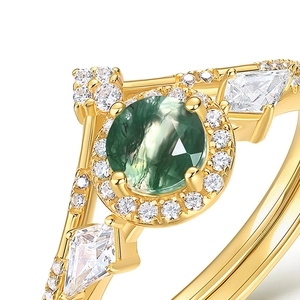 Luxurious S925 silver ring with natural green moss agate and round cluster diamonds