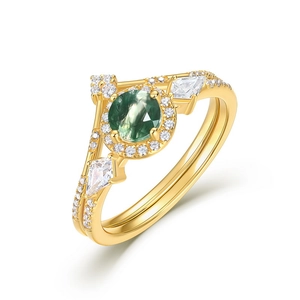 Luxurious S925 silver gold plated moss agate ring set with sparkling zircon accents