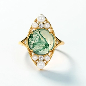 Vintage S925 silver 10K gold ring with moss agate, pearls and diamonds on white background