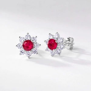 Floral S925 sterling silver stud earrings with red ruby gemstone and white zircon accents