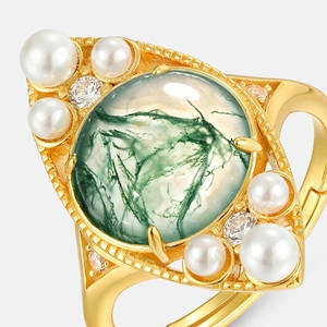 Vintage S925 silver 10K gold ring with moss agate and pearls for women
