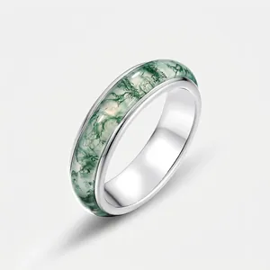 Bague minimaliste en argent S925 avec pierre naturelle d'agate mousse verte