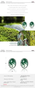 Macro detail of moss agate stud earrings in S925 silver with dimension and weight specs