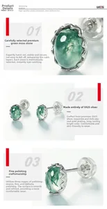 Detailed macro view of S925 silver stud earrings with natural oval moss agate stones