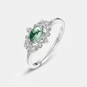 Vintage S925 Sterling Silver Moss Agate Open Ring For Women Elegant Oval Water Grass Agate Inlaid Zirconia Adjustable Jewelry