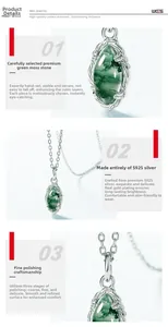 Macro detail of S925 silver pendant featuring natural green moss agate stone texture