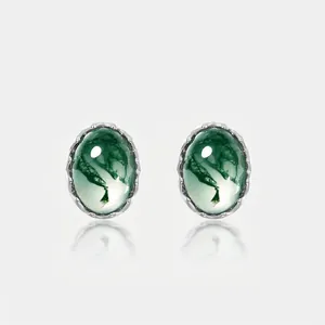 Vintage Natural Green Moss Agate Stud Earrings For Women 925 Sterling Silver Post Geometric Inlaid Gemstone Jewelry