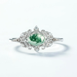 Vintage S925 silver ring with oval moss agate gemstone and sparkling side stones