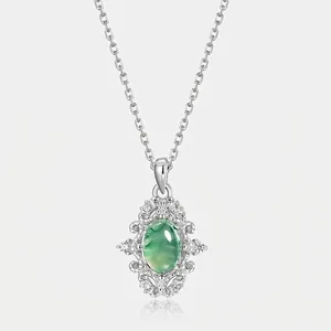 Vintage 925 Sterling Silver Moss Agate Pendant Only For Women Green Oval Gemstone Rhinestone Inlaid Hollow Retro Jewelry Gift
