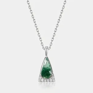 Elegant S925 Sterling Silver Water Drop Moss Agate Pendant Necklace For Women Natural Green Stone Rhinestone Jewelry