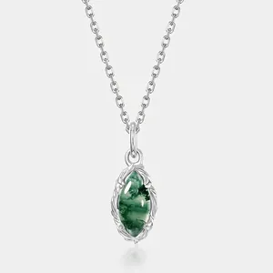 925 Sterling Silver Moss Agate Pendant Necklace For Women Vintage Olive Branch Vine Design Marquise Shape Green Stone Jewelry Gift