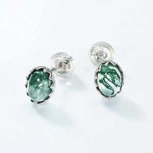 Oval green moss agate stud earrings in S925 sterling silver with polished ripple edges