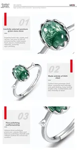 Detailed macro view of S925 silver ring with natural green moss agate and zircon accents