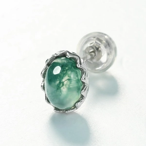 S925 silver stud earring with oval green moss agate featuring wave edge bezel setting