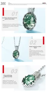 Vues détaillées du collier en argent S925 avec pendentif en agate mousse verte et texture naturelle