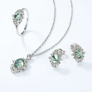 Elegant S925 silver jewelry set with oval green moss agate necklace ring and earrings