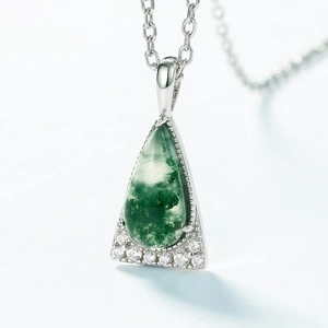 Teardrop moss agate pendant in S925 silver setting with micro-pave zirconia crystals