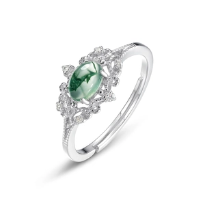 Vintage S925 silver ring with green moss agate stone and hollowed diamond setting