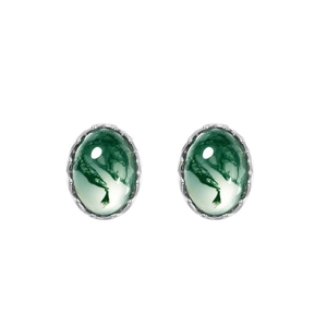 Oval natural green moss agate stud earrings in S925 sterling silver crown setting