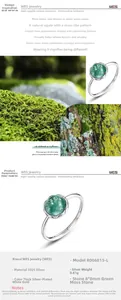 Detail view of S925 sterling silver ring featuring a round 8x8mm green moss agate stone