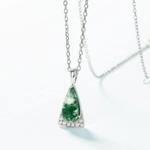 Teardrop moss agate pendant in S925 silver frame with small zirconia accents