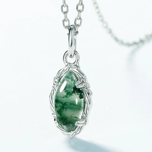 S925 silver necklace with marquise green moss agate pendant in vine branch design