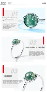 Macro detail of natural green moss agate ring showing S925 silver adjustable band