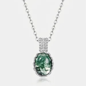 S925 Argent Sterling Collier Pendentif Agate Mousse Verte Pour Femmes Élégant Ovale Agate Herbe D'Eau Chaîne De Clavicule Strass Bijoux Cadeau