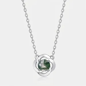 925 Sterlingsilber Natur Moosachat Blume Anhänger Halskette Grüner Stein Wirbel Design Eleganter Schmuck Für Damen