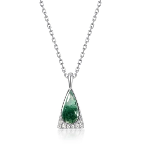 Natural moss agate teardrop necklace in S925 silver with sparkling zircon accents