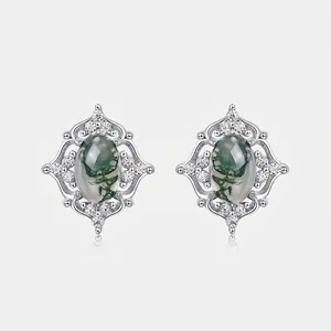 Vintage S925 Sterling Silver Moss Agate Stud Earrings For Women Oval Natural Green Agate Rhinestone Inlaid Fashion Jewelry