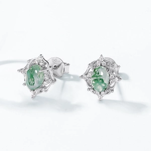 S925 sterling silver stud earrings featuring oval moss agate and white zircon halo