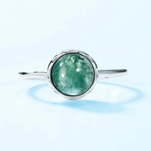 Minimalist S925 sterling silver ring featuring a round green natural moss agate stone