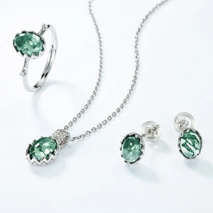 Parure en agate mousse naturelle avec collier, bague et boucles d'oreilles en argent S925