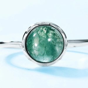Minimalist S925 silver ring with a round polished green moss agate stone center