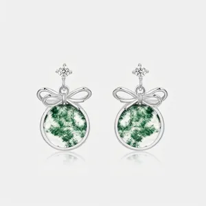 925 Sterling Silver Moss Agate Stud Earrings For Women Elegant Bowknot Round Green Stone Zirconia Inlaid Fashion Jewelry