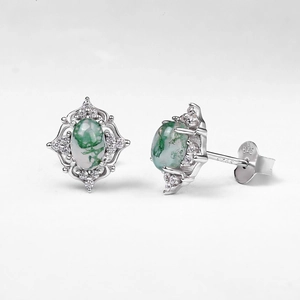 Elegant S925 silver stud earrings with natural green moss agate and zircon halo