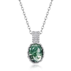 Pendentif ovale en agate mousse verte en argent S925 avec petits accents de zircon