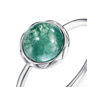 S925 silver ring with natural green moss agate stone featuring unique inclusions