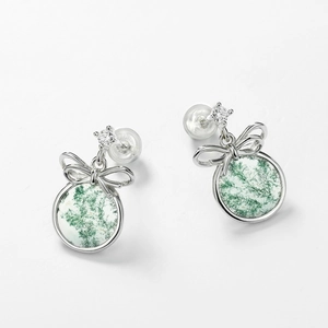 Elegant S925 silver bow earrings with natural green moss agate and zircon stones