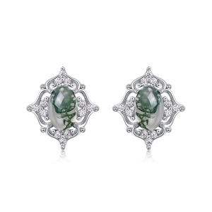Elegant S925 silver stud earrings with oval moss agate and sparkling zircon accents