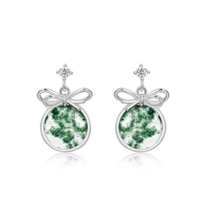 S925 silver bow earrings with natural green moss agate discs on a white background