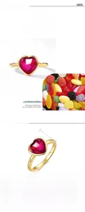 Detail of 8x8mm heart-shaped red corundum ring in S925 silver plated with 10K gold
