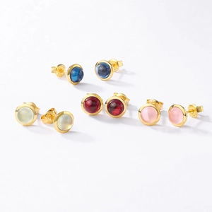 Elegant S925 silver stud earrings with colorful cabochon gemstones in a minimalist setting